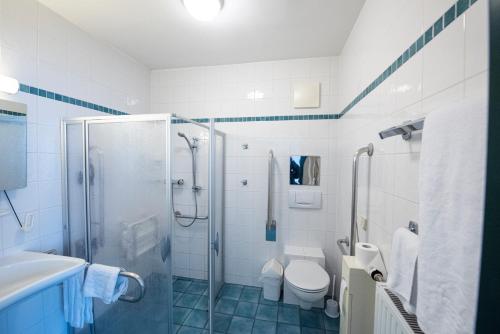 a bathroom with a shower and a toilet and a sink at Bildungshaus St. Hippolyt in Sankt Pölten
