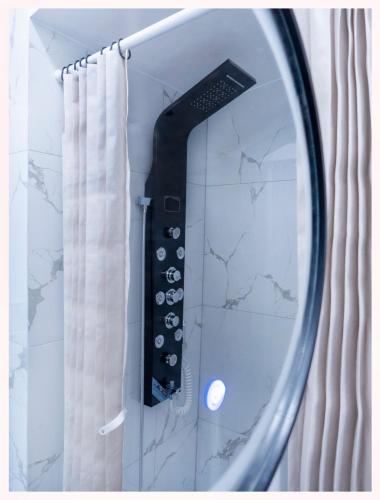 a mirror in a bathroom with a shower at The 1826 Residence in Ljubljana