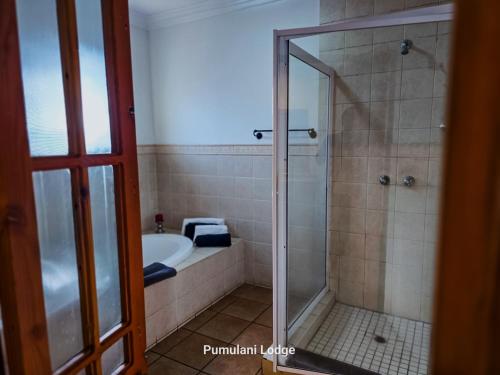 a bathroom with a shower and a sink at Phumulani Lodge Kameeldrift in Pretoria