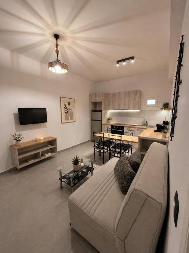 a living room with a couch and a kitchen at Pension St.George Rooms & Studios in Perivolos
