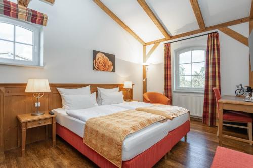 a bedroom with a bed and a desk in a room at Golfpark Strelasund in Süderholz