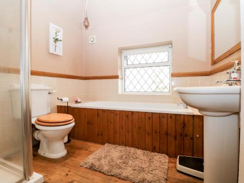 a bathroom with a toilet and a sink and a bath tub at Daisy Cottage in Dorking