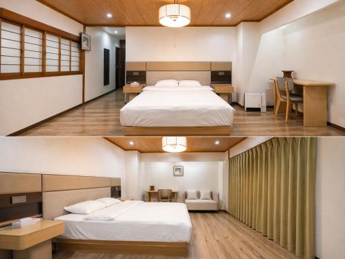 two pictures of a hotel room with two beds at Kurmon Inn in Omachi