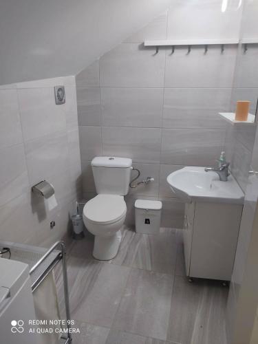 a white bathroom with a toilet and a sink at Thea apartments 2 in Platamonas