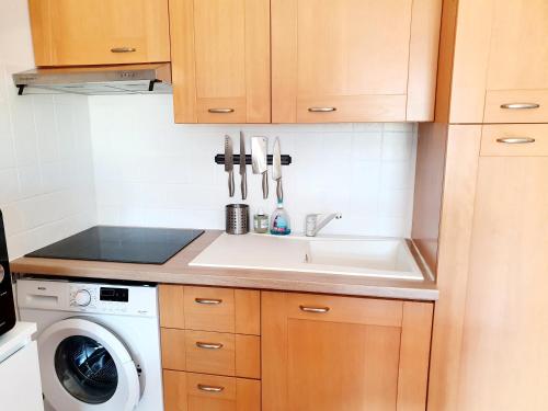 a kitchen with a sink and a washing machine at T2 les pieds dans l eau avec piscine in San-Nicolao
