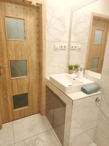 a bathroom with a sink and a mirror at Stylish Apartment in Downtown Budapest in Pusztavacs