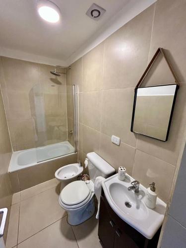 a bathroom with a toilet and a sink and a shower at Penguins Flats 3 in Ushuaia