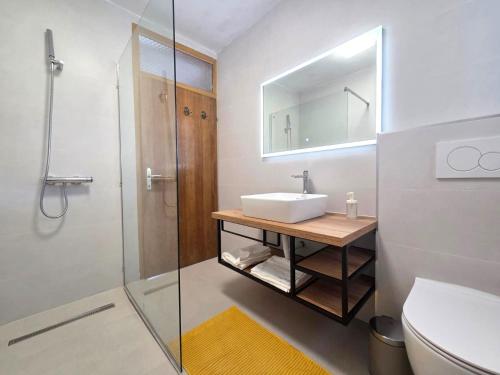 a bathroom with a sink and a toilet and a mirror at Apartman Filip in Risika