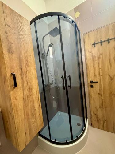 a shower with a glass door in a bathroom at Amore in Vir