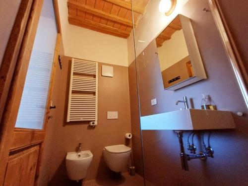 a bathroom with a toilet and a sink and a mirror at Appartamenti - AL4 in Guardistallo