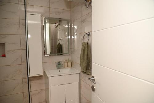 a bathroom with a shower and a sink and a mirror at Kutak u Vranicu in Vranic
