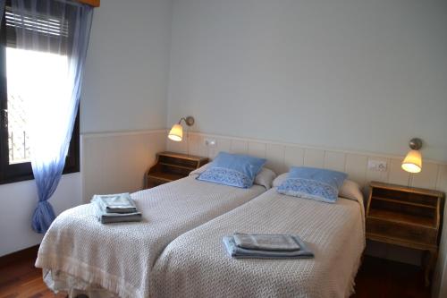 Montsonis的住宿－Golfes Cal Gravat，一间卧室配有两张带蓝色枕头的床和窗户。