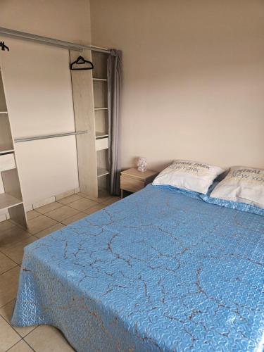a bedroom with a bed with a blue blanket at Appartement T2 in Vaugneray