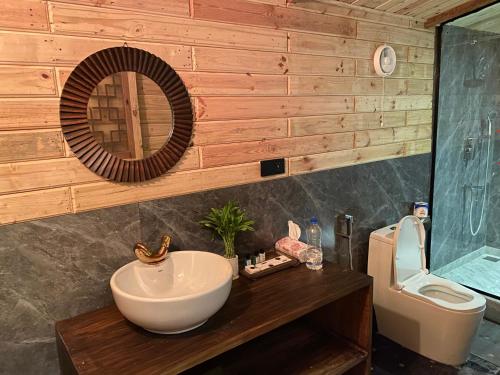 a bathroom with a sink and a toilet and a mirror at Chader Bari Beach Resort, Cox's Bazar in Cox's Bazar