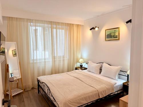 a bedroom with a large bed and a window at Piața Ovidiu 14 Loft in Constanţa