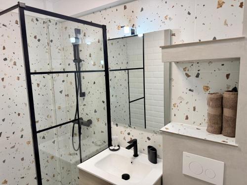 a bathroom with a sink and a glass shower at Piața Ovidiu 14 Loft in Constanţa