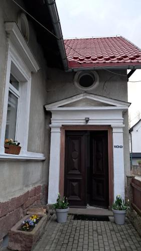 a front door of a house with two potted plants at Przy pałacu in Bozkow