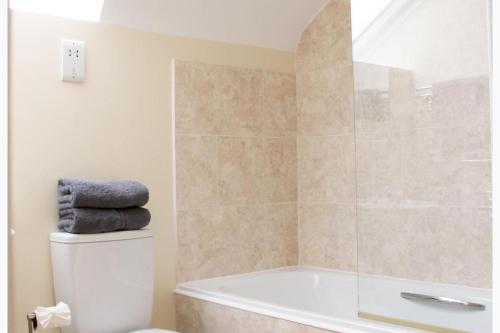 a bathroom with a tub and a toilet and a shower at 1 Bed Loft - Sleeps 2 - Parking - Wifi in Newport