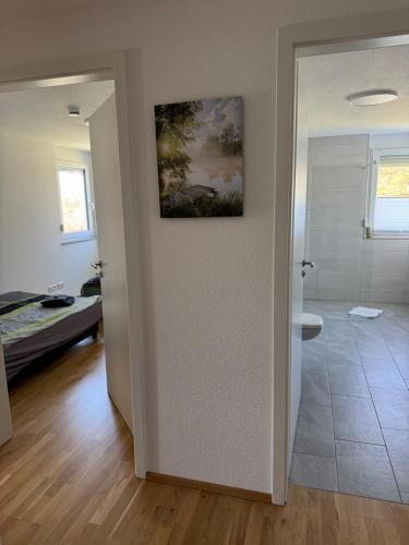 a bathroom with a shower and a painting on the wall at Lakeview Residence in Schluchsee