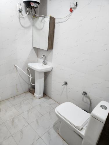 a white bathroom with a toilet and a sink at Brown oak farms in Sohna