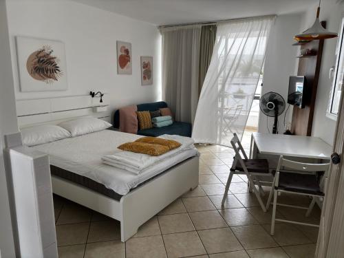 a bedroom with a bed and a desk and a chair at Apartamento Te Miti in Puerto del Carmen