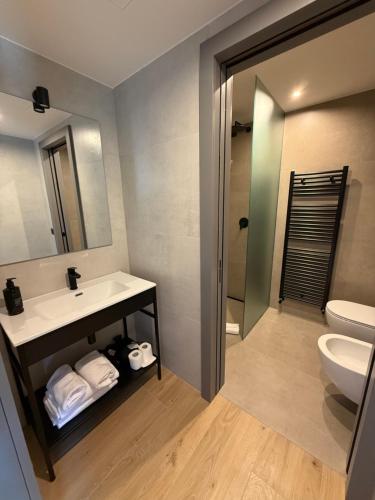 a bathroom with a sink and a toilet and a mirror at Residence Centro Vela in Riva del Garda