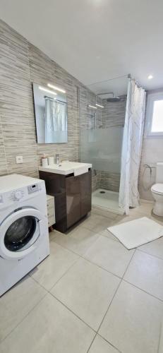 a bathroom with a washing machine and a sink at Fleur De Cerisier Vendée in Challans