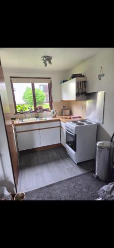 a small kitchen with a stove and a sink at 49 Strawberry Hill in Hayle