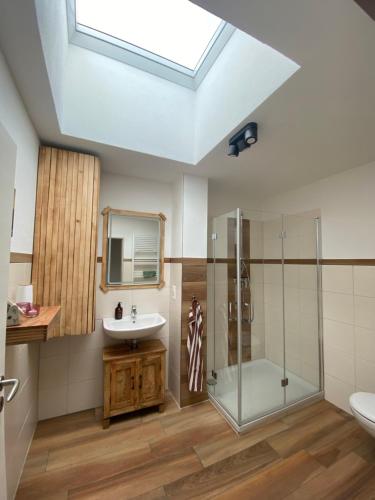 a bathroom with a glass shower and a sink at Jena Ferienwohnung Campusblick in Jena