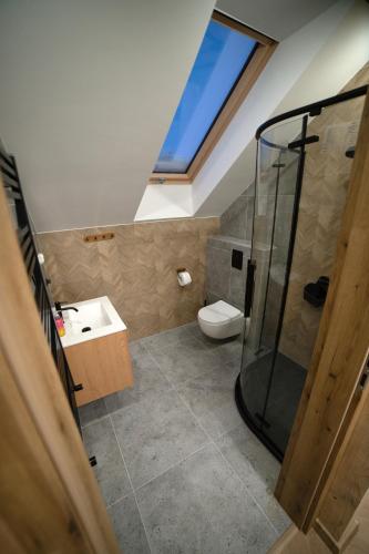a bathroom with a glass shower and a toilet at Willa Nowa 33 in Wisła