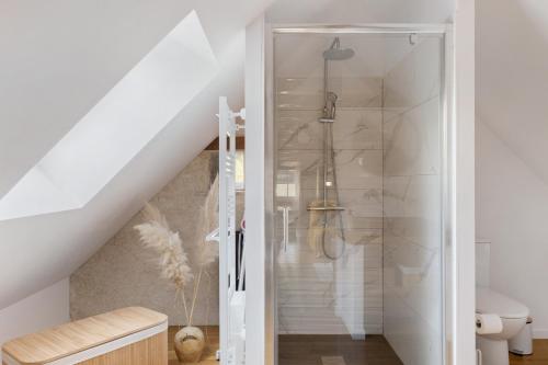 a bathroom with a walk in shower under the stairs at La Lizardiere des Landes in La Flèche