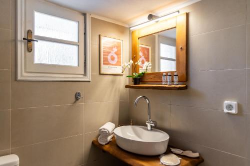 a bathroom with a sink and a mirror at Alegria Villa in Pollonia