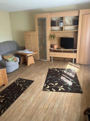 a living room with a couch and a tv at Landhof Lindner in Lüptitz