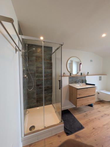 a bathroom with a shower and a sink at Laroseliere in Mauléon