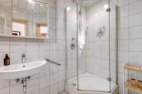 a bathroom with a sink and a shower at Superior Apt mit Seeblick K2 102 in Spalt