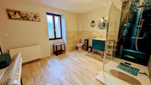 a bathroom with a shower and a toilet and a sink at La forge in Saint-Julien-le-Petit