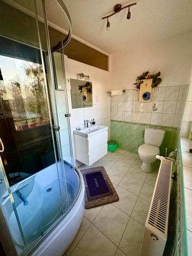 a bathroom with a shower and a tub and a toilet at Zaciszny domek in Słupsk