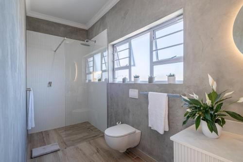 a bathroom with a toilet and a shower with windows at The Shirley Too in Gqeberha