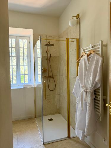 a shower with a glass door in a bathroom at Domaine Robert in Rognes