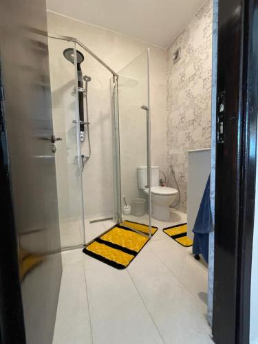 a bathroom with a shower and a toilet at Cozy Beachfront 2BR in Rabat - Central & Secure in Rabat