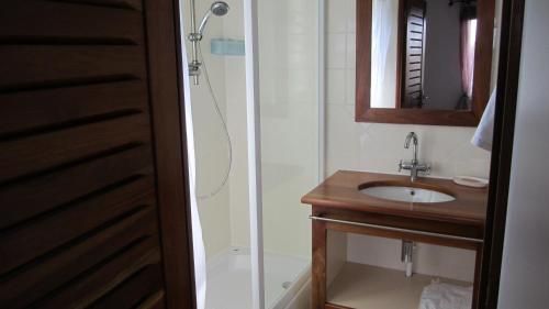 a bathroom with a shower and a sink and a mirror at Eden Blue in Sainte-Anne