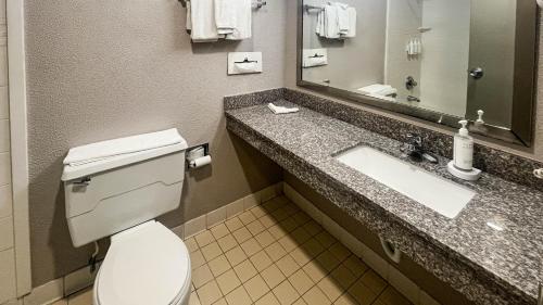 a bathroom with a toilet and a sink and a mirror at Studio 6 Suites Fremont, OH in Fremont