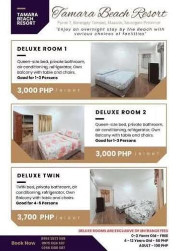 three pictures of a flyer with a bed in a room at Tamara Beach Resort in Bailat