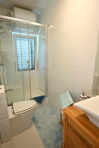 a bathroom with a shower and a toilet and a sink at Adriatic Breeze in Hvar