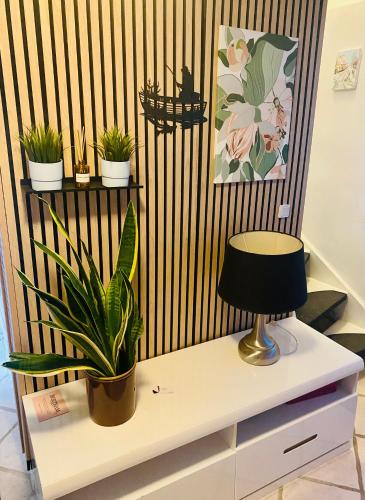 a table with potted plants on a wall at Guesthouse Arti in Grenå
