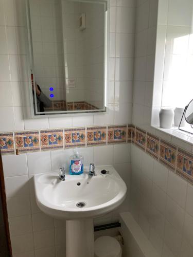 a white bathroom with a sink and a mirror at Church Farm Hartham in Biddlestone