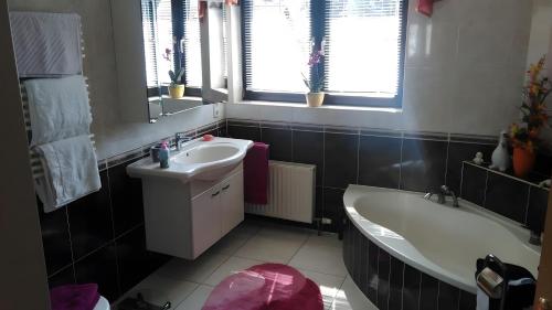a bathroom with a tub and a sink and a bath tub at Haus Göhrenz in Markranstädt