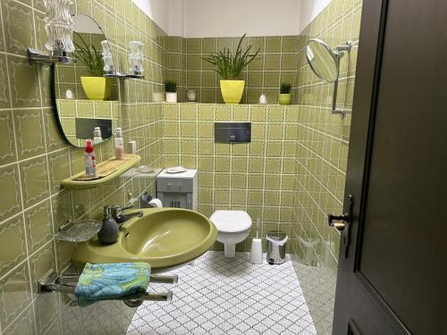 a bathroom with a green sink and a toilet at Ferienwohnung Calluna in Buchholz in der Nordheide