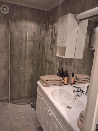 a bathroom with a sink and a shower at Leilighet i Lyngdal in Lyngdal