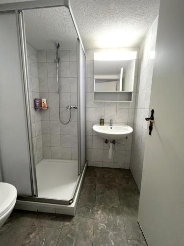 a bathroom with a shower and a sink at Nimbuzzz Apartments in Unterseen